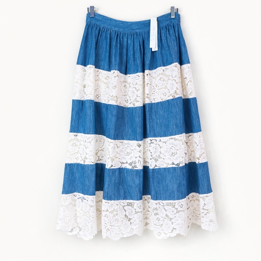 ALICE + OLIVIA DENIM AND LACE FULL A-LINE MIDI SKIRT SIZE 2 NWT RETAIL $368.